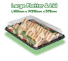 Caterline Large Sandwich Platter Trays & Lids with sandwiches and lid, dimensions L450mm x W310mm x D75mm.