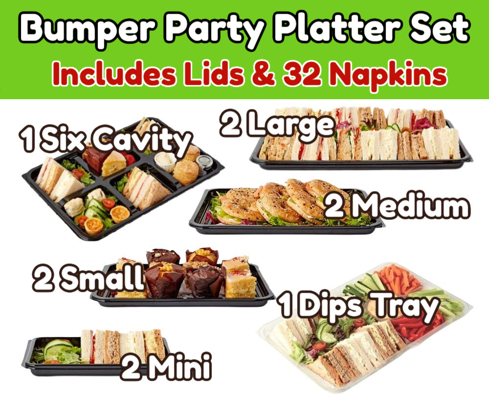 Party Platter & Napkin Set - 2 Mini + 2 Small + 2 Medium + 2 Large + 1 x 6 Cavity + 1 Dips Platter + 32 Union Jack Napkins