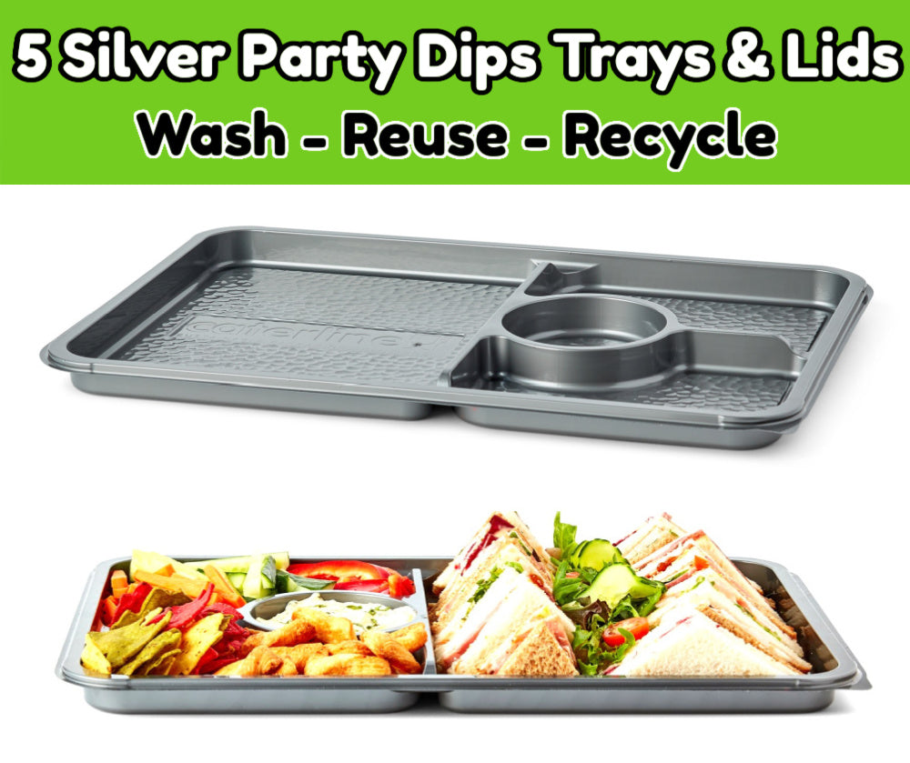 5 Large Silver Party Dips Trays with Clear lids - Great For Weddings & Special Events