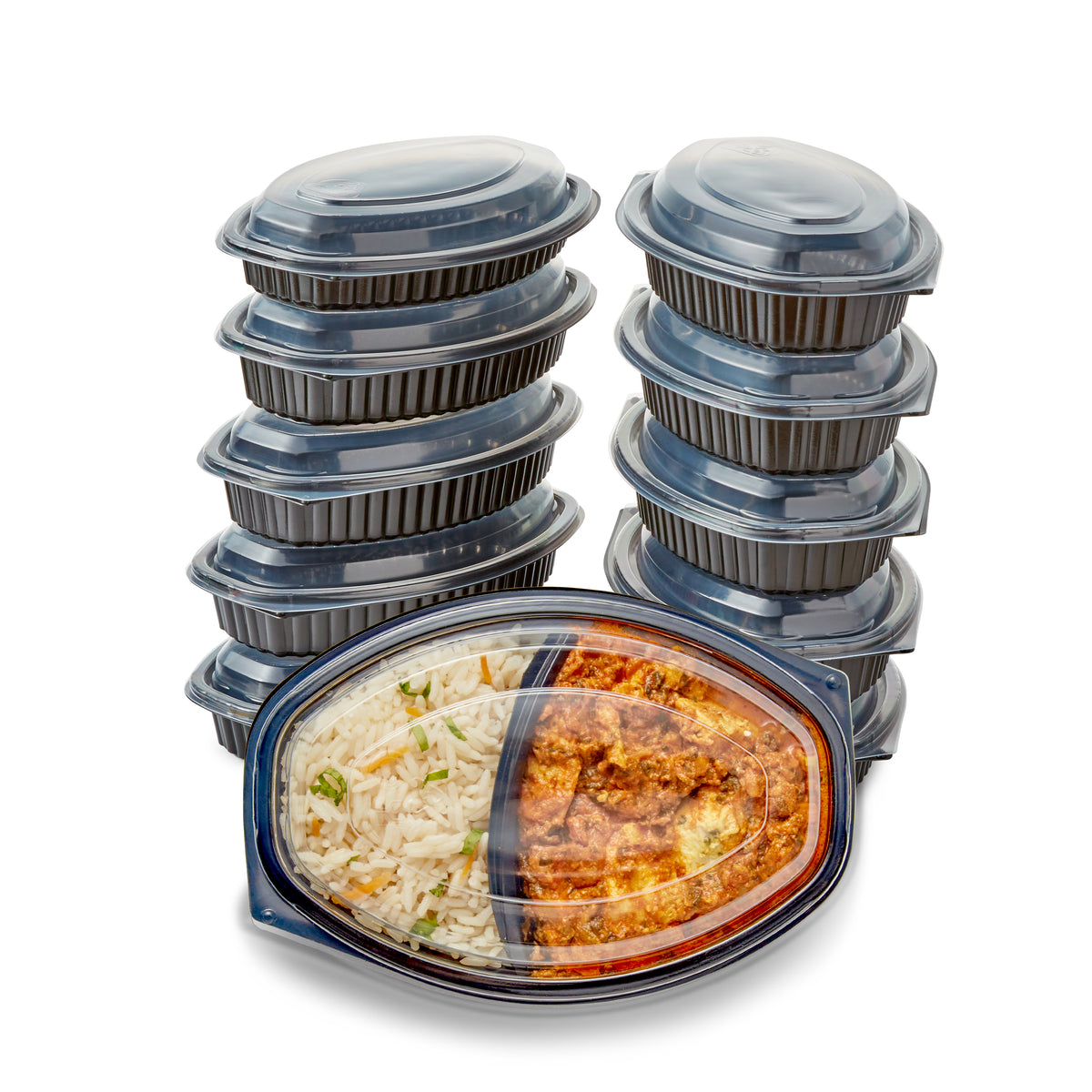 10 x 560 ml (19.8 ounce) Microwavable Twin Hot Food Meal Prep Trays & Lids (207mm x 143mm x 59mm)