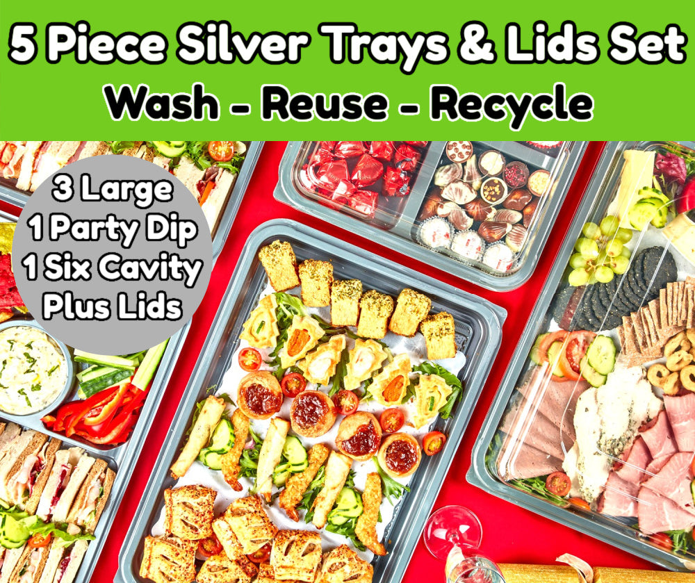 5 Piece Silver Base Platter Party Set & Clear Lids -3 x Large + I x Dip Platter + 1 x 6 Cavity