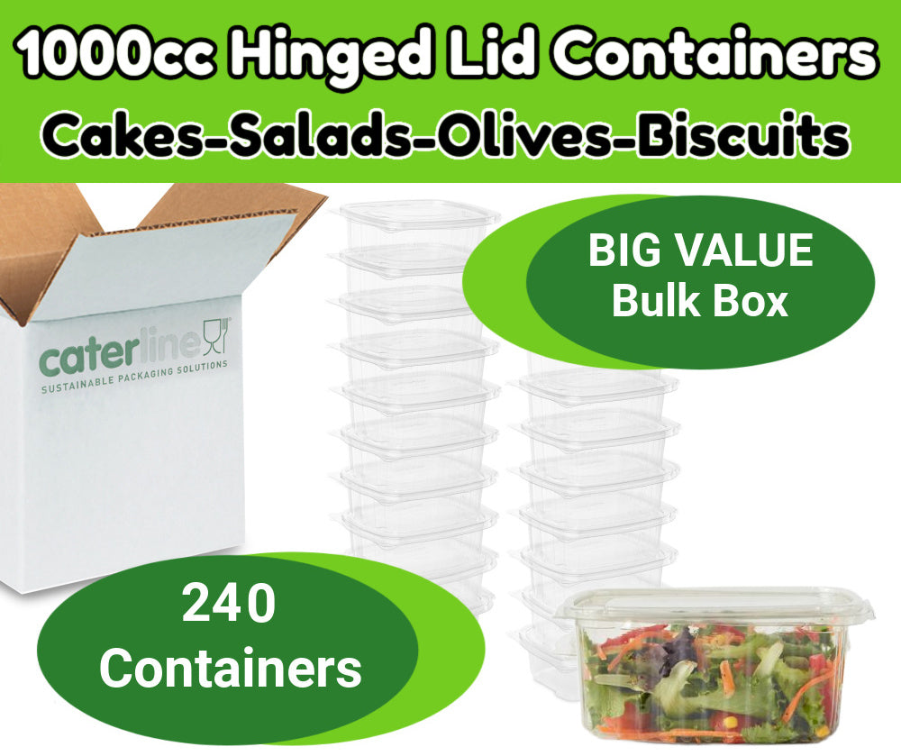 240 x 1000cc Clear Cold Food/Salad/Cake Container With Hinged Lid - BULK BOX Recyclable rpet