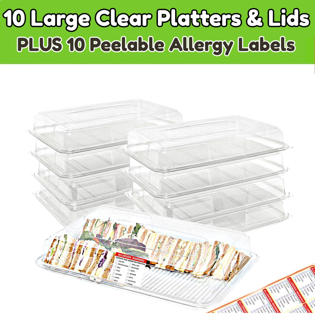 10 Large Clear Base Platters Plus Allergy Labels