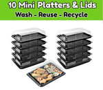 Set of mini platters with lids on a white background, with text indicating wash, reuse, recycle.