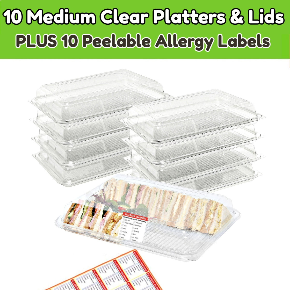 10 Clear Medium Base Platters & Lids PLUS 10 Peelable Allergy Labels