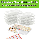 10 Clear Medium Base Platters & Lids PLUS 10 Peelable Allergy Labels