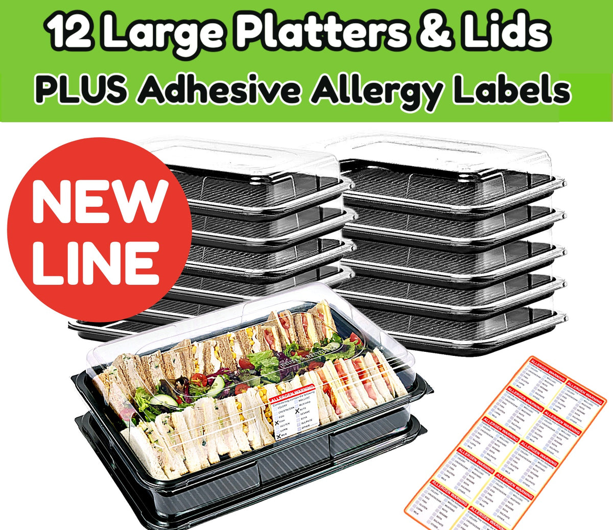 12 Large Serving Platters + Lids PLUS 10 Adhesive Allergy Labels