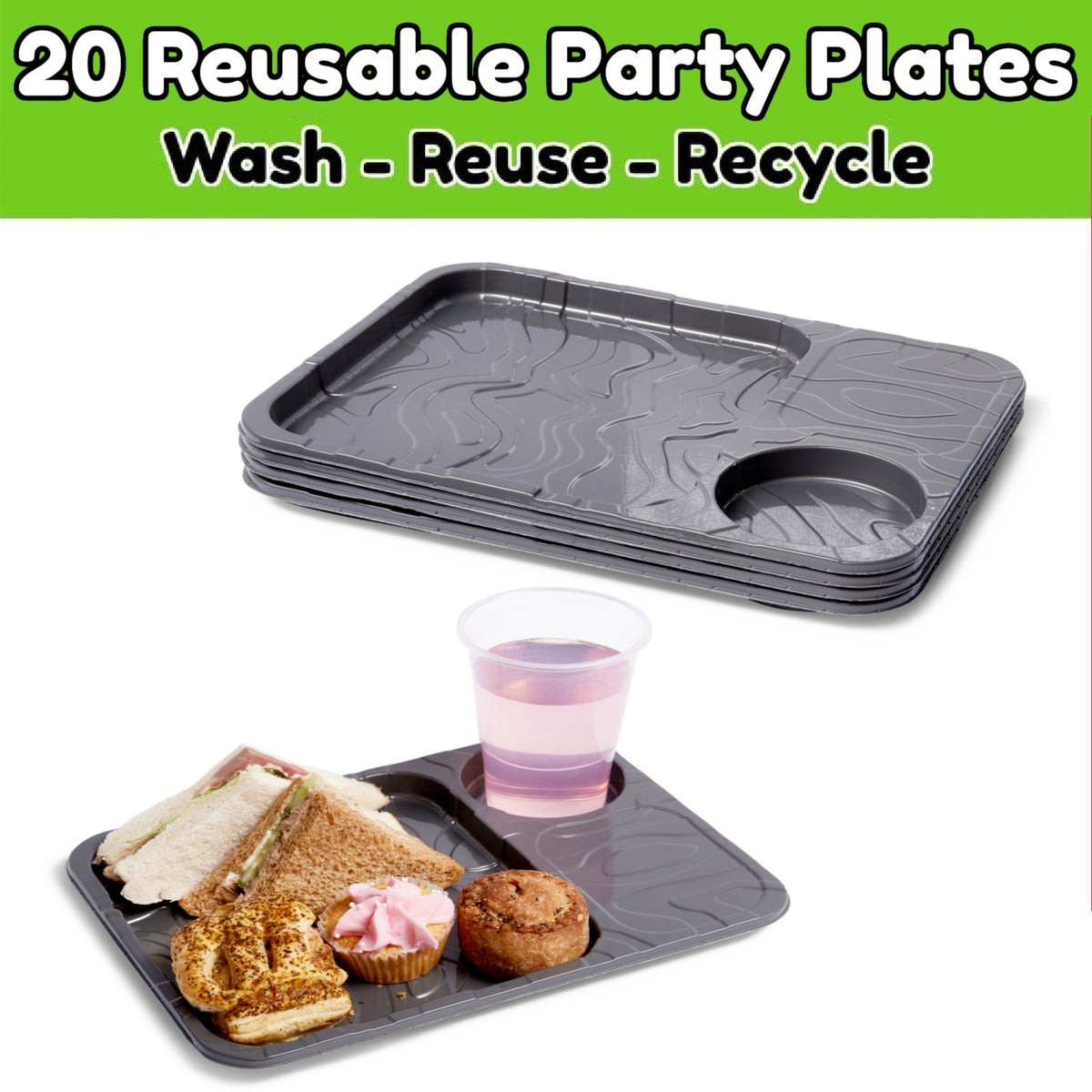 20 x Reusable Slate Effect Party Plates With Cup Cavity