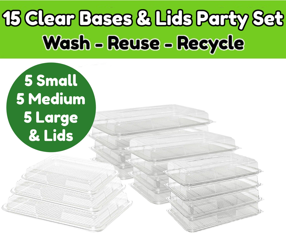 15 x Clear Base Platter & Lids Combi Set(5 Large, 5 Medium, 5 Small)