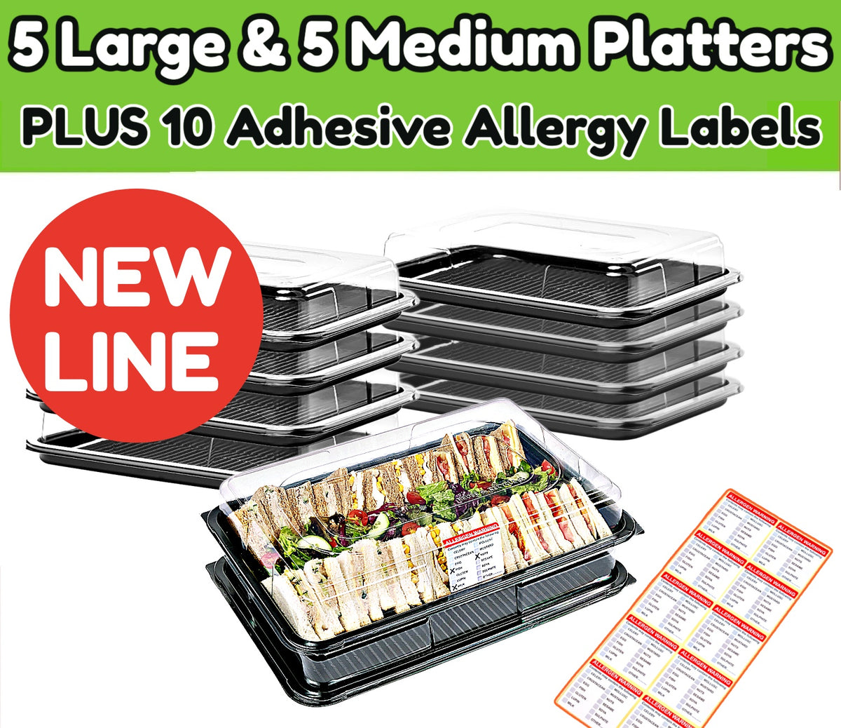 5 Large & 5 Medium Serving Platters With Lids PLUS 10 Adhesive Allergy Labels