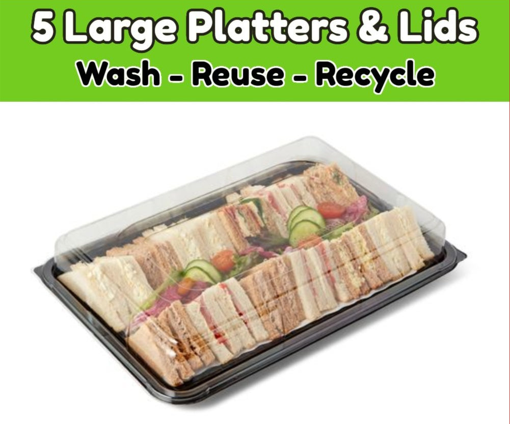 5 Large Platters + 5 Clear Lids PLUS FREE 6 Cavity Platter