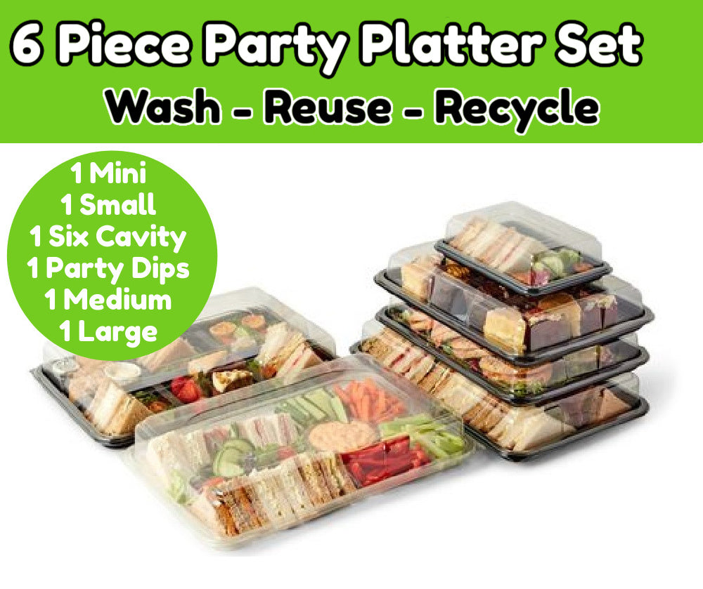 6 Platter Party Set - One each ofMini, Small, Medium, Large, Dip Platter & 6 Cavity with Lids