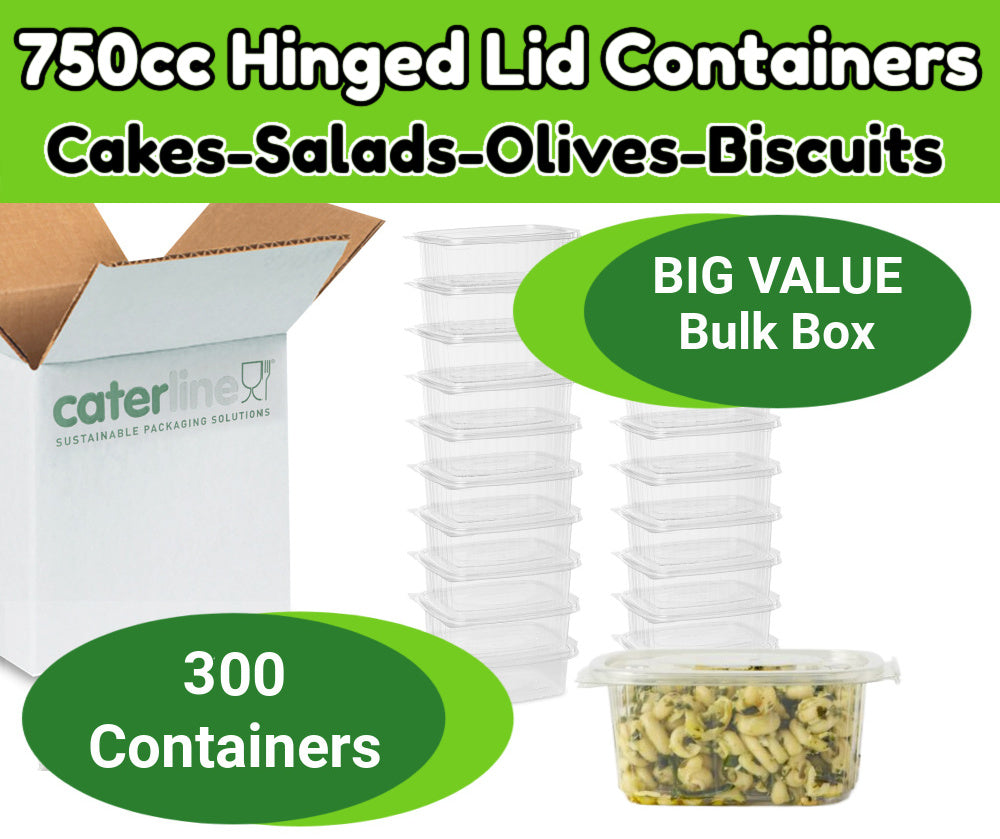 300 x 750cc Clear Cold Food/Salad/Cake Container With Hinged Lid - Bulk Box - Recyclable rpet