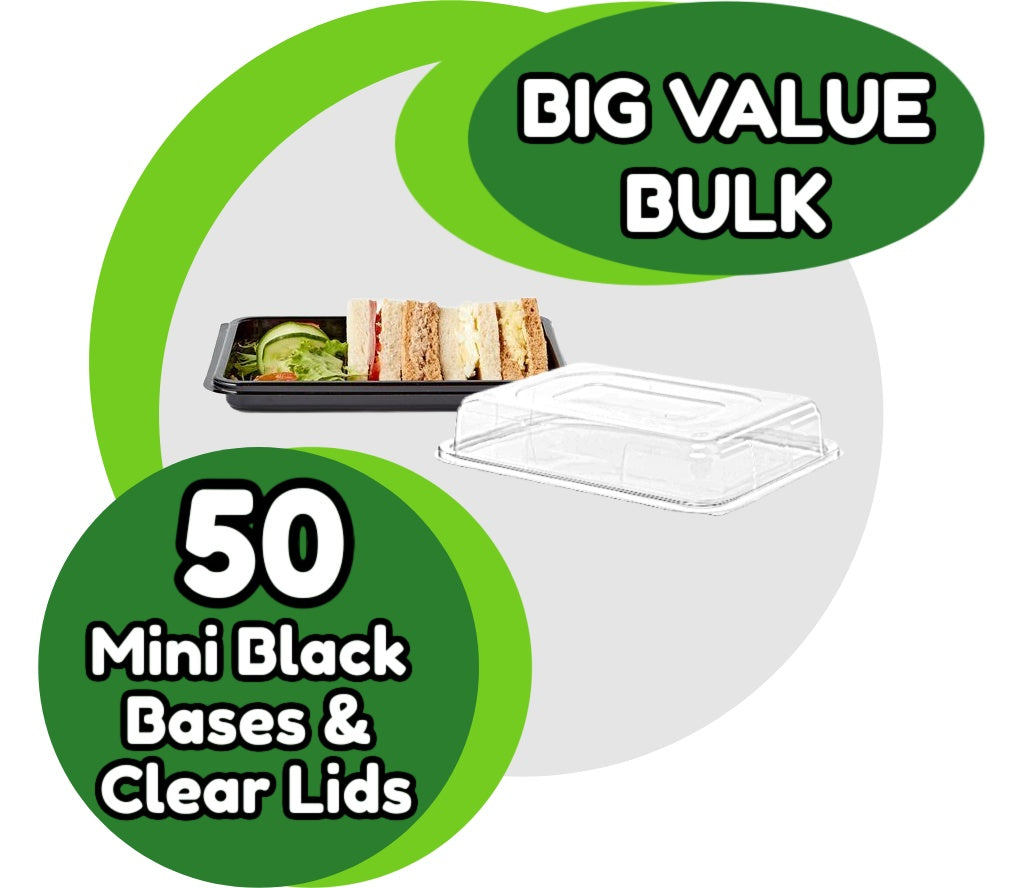 50 Mini Black Platters + 50 Clear Lids- Great Value Bulk Pack