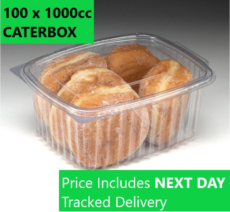 240 x 1000cc Clear Cold Food/Salad/Cake Container With Hinged Lid - BULK BOX Recyclable rpet
