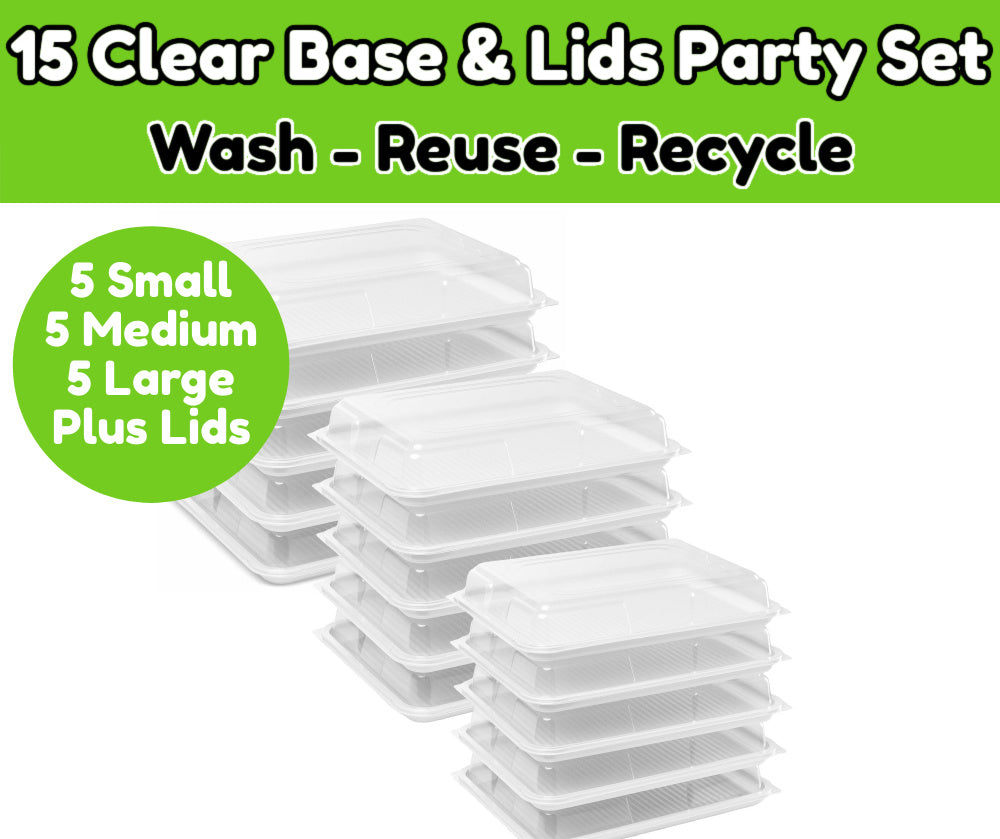 15 x Clear Base Platter & Lids Combi Set(5 Large, 5 Medium, 5 Small)