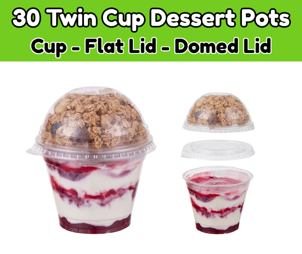 30 x Twin Compartment Dessert Pot - Cup/Flat lid/Domed Lid