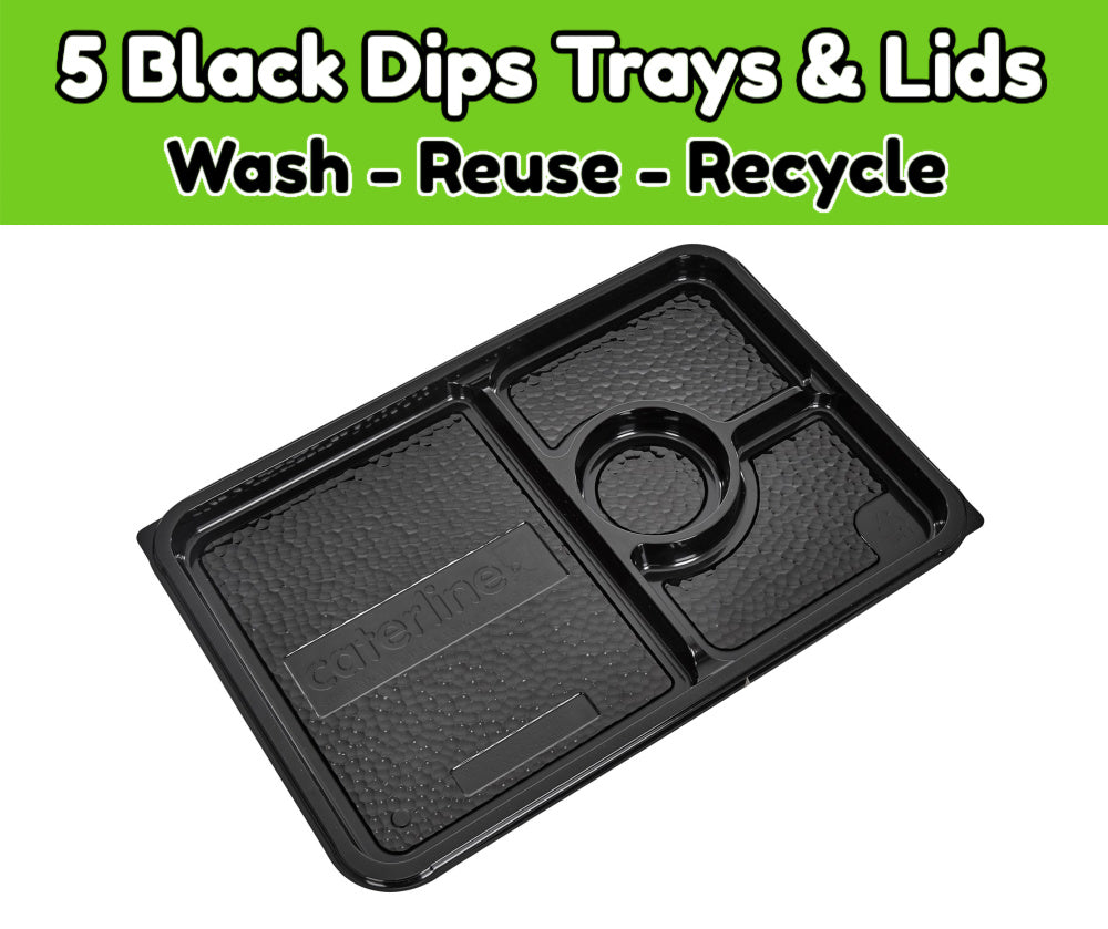 5 Large Black Dips Trays with lids for Party Food and Dips (450mm x 310mm)