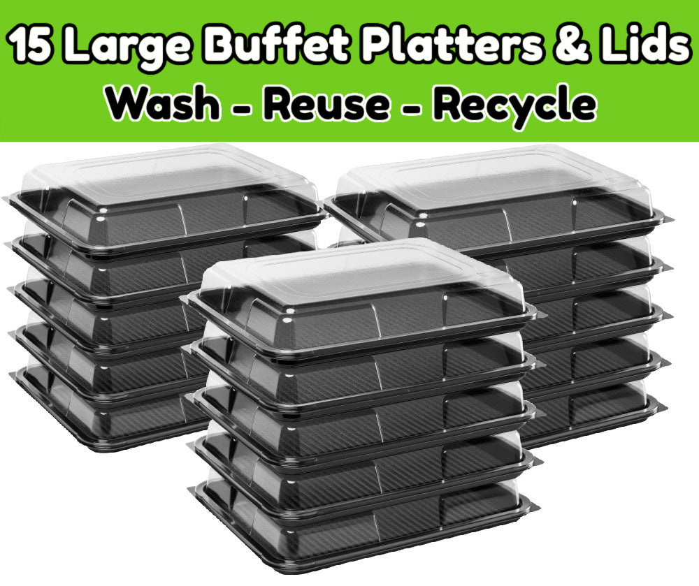 15 Large Black Platters + Clear Lids. Perfect For Large Buffets