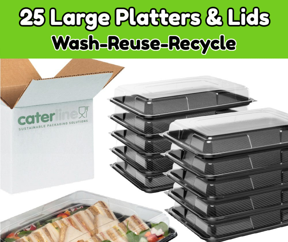 25 Large Sandwich Platters + 25 Clear Lids 450mm x 310mm x 75mm