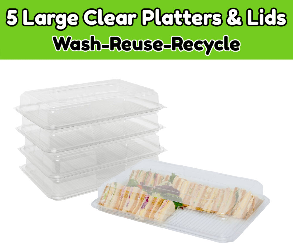 5 Clear Large Base Party Platters & Lids (450mm x 310mm x 75mm)