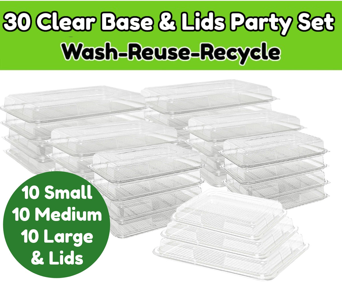 30 x Clear Base Platter & Lids Combi Set (10 Large, 10 Medium, 10 Small)