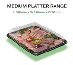 50 Medium Catering Platters & 50 Lids & 50 Allergy Labels with various deli meats and veggies, 390mm x 290mm x 70mm size.
