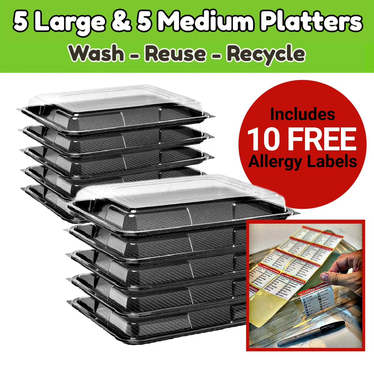 5 Large & 5 Medium Serving Platters With Lids PLUS 10 Allergy Labels