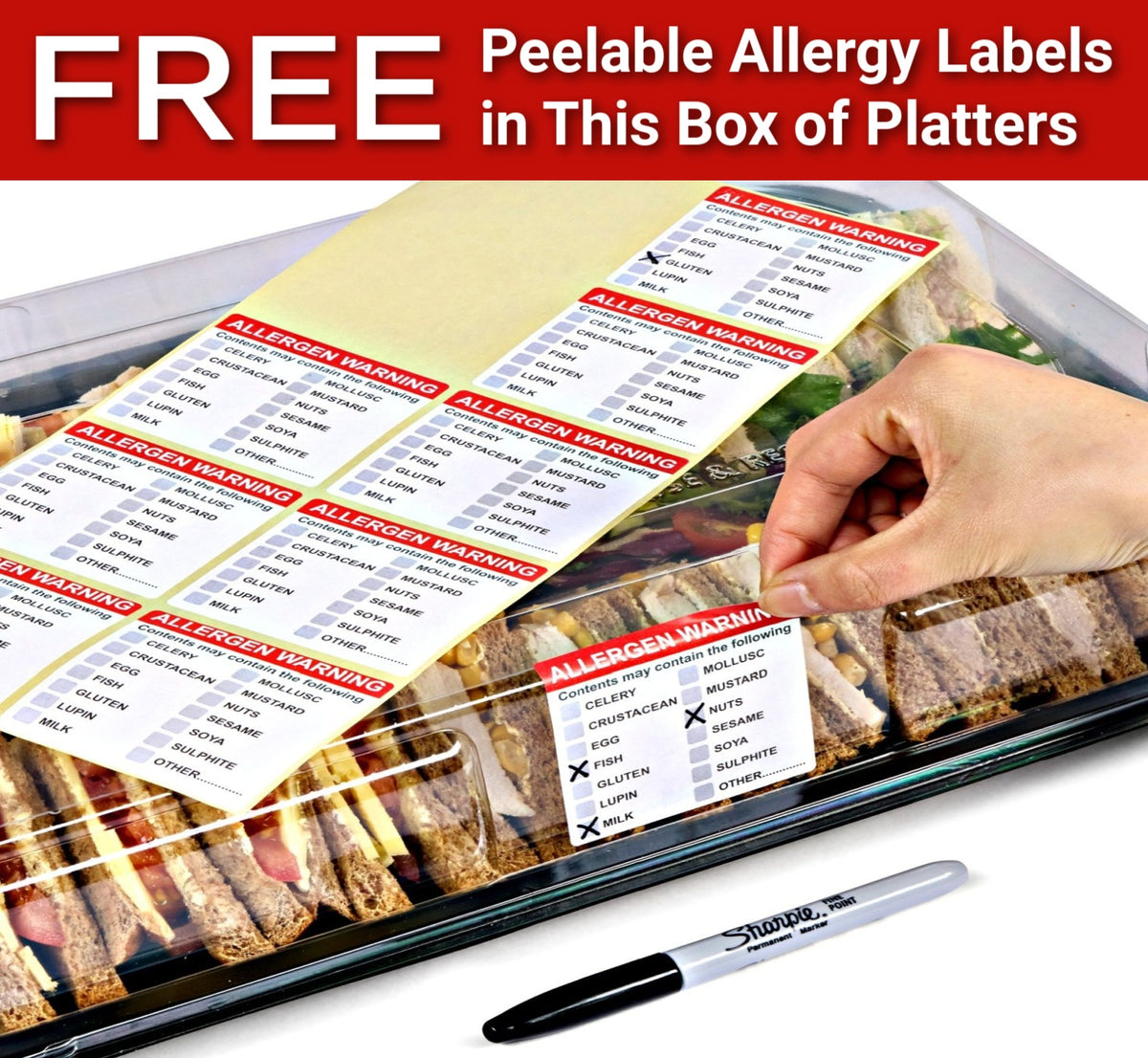 5 Large, 6 Cavity Platters & Clear Lids PLUS 5 Allergy Labels - Great For Cream Teas & Sweets