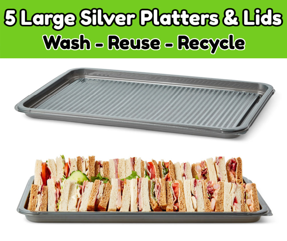 5 Large Silver Platters + Clear Lids - Perfect For Weddings & Extra Special Events