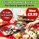 5 x Silver Base Party Set & Clear Lids 3 x Large + I Large Dip Platter + 1 Large 6 Cavity Platter