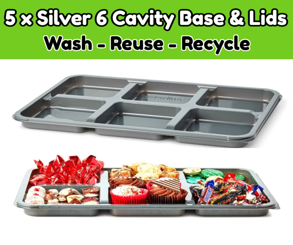 5 Large, Silver 6 Cavity Platters & Clear Lids- Great For Sweets & Treats at Weddings