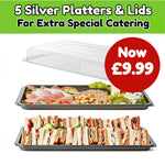 5 Large Silver Catering Platters + Clear Lids - 450mm x 310mm