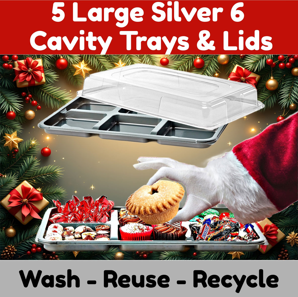 5 Large, Silver 6 Cavity Party Platters & Clear Lids- 450mm x 310mm