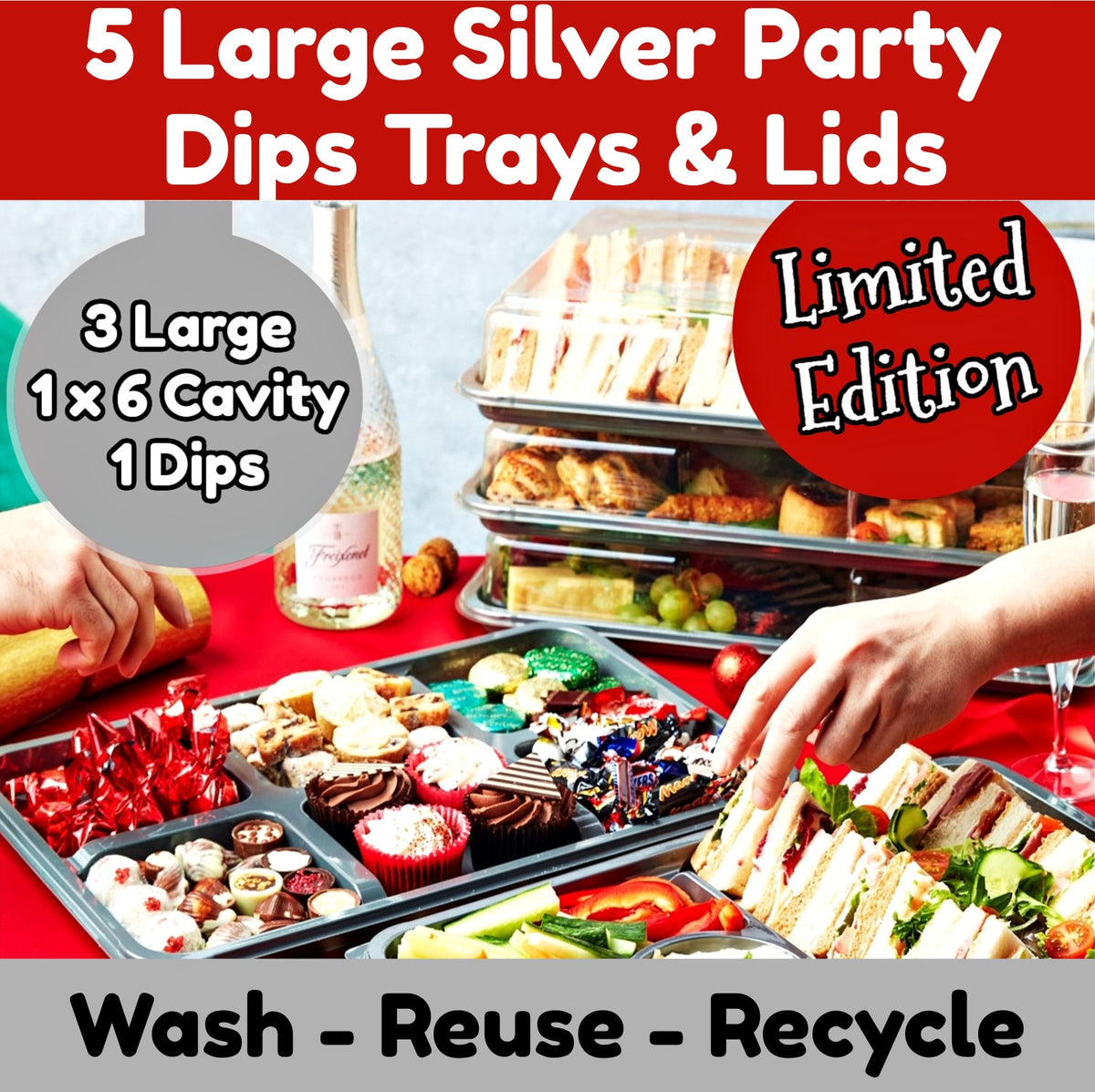 5 x Silver Base Party Set & Clear Lids 3 x Large + I Large Dip Platter + 1 Large 6 Cavity Platter