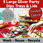 5 x Silver Base Party Set & Clear Lids 3 x Large + I Large Dip Platter + 1 Large 6 Cavity Platter