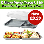 5 Large Silver Party Dips Trays with Clear lids - 450mm x 310mm