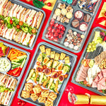 5 x Silver Base Party Set & Clear Lids 3 x Large + I Large Dip Platter + 1 Large 6 Cavity Platter