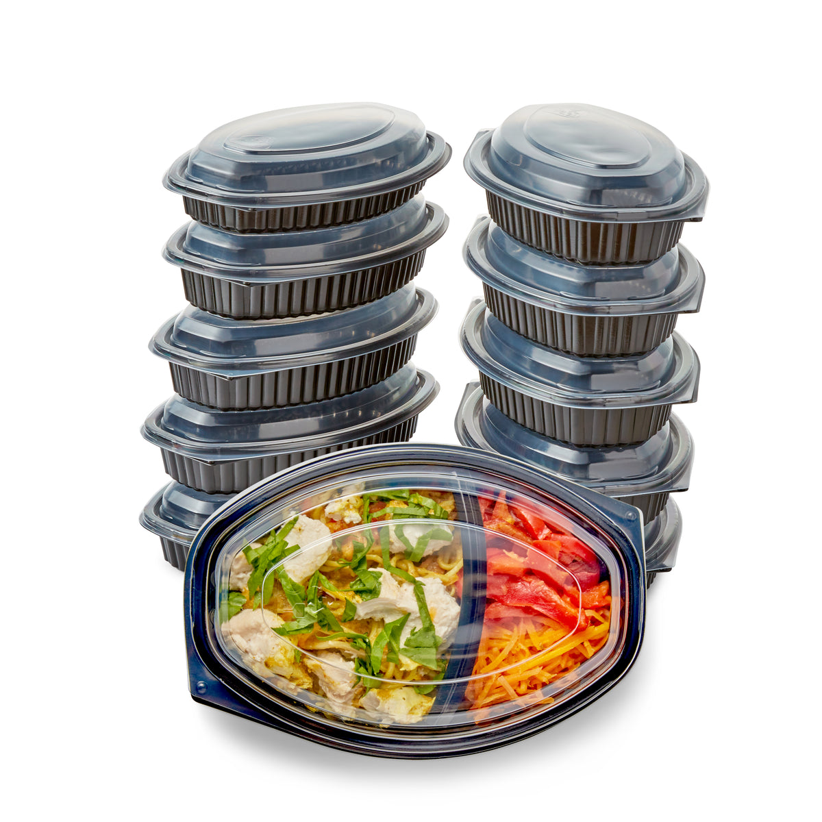 10 x 560 ml (19.8 ounce) Microwavable Twin Hot Food Meal Prep Trays & Lids (207mm x 143mm x 59mm)