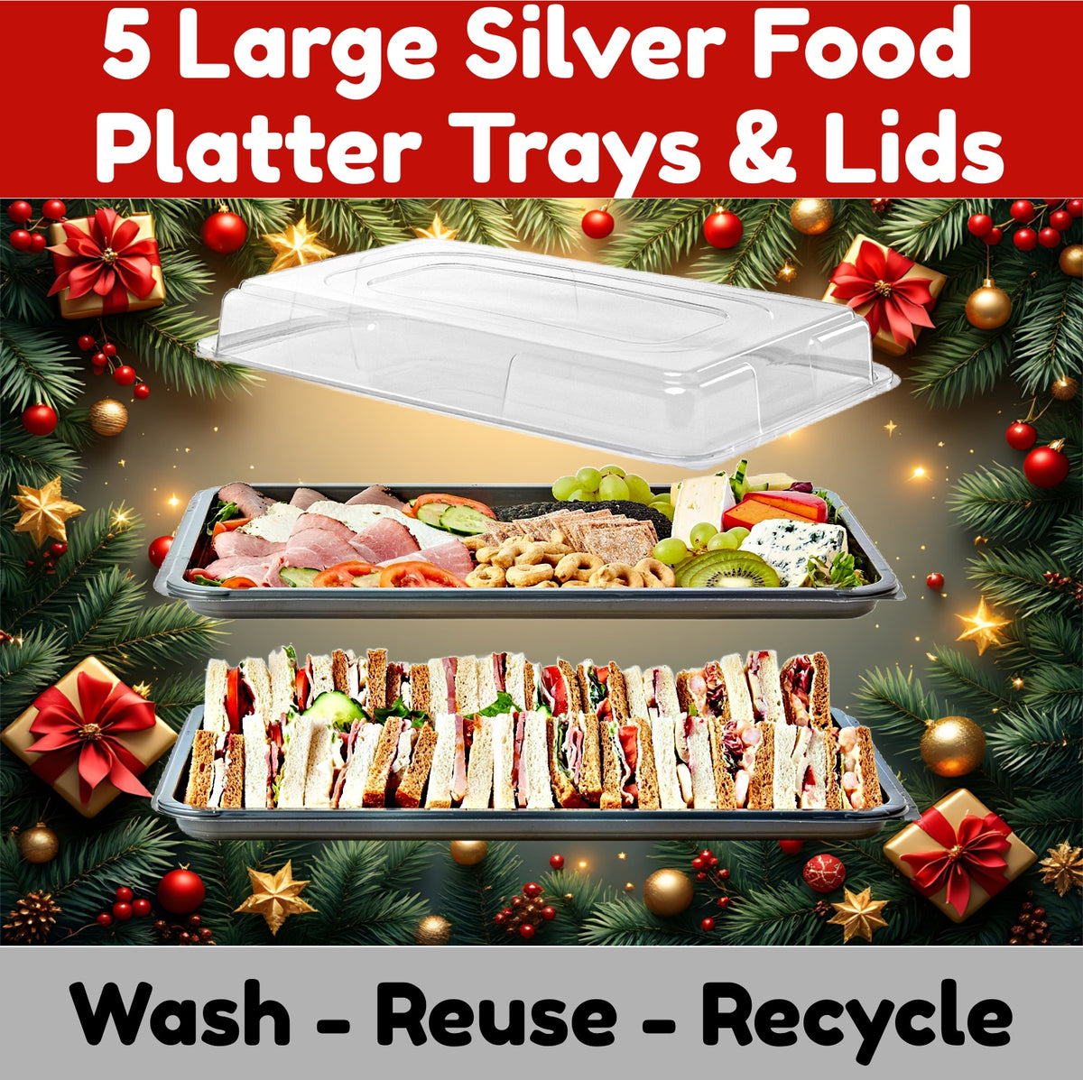 5 Large Silver Catering Platters + Clear Lids - 450mm x 310mm
