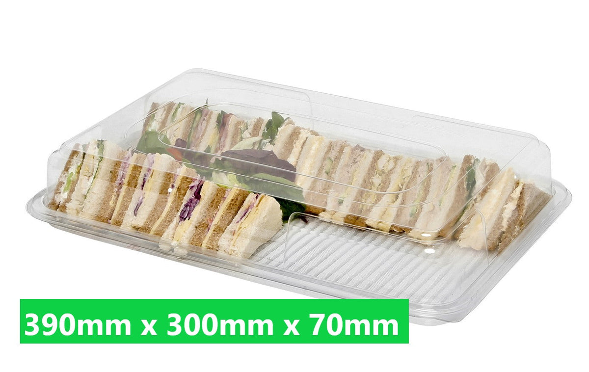 10 x Medium Clear Base & Clear Lid Buffet Platters - 390mm x 300mm x 70mm deep - Caterline -