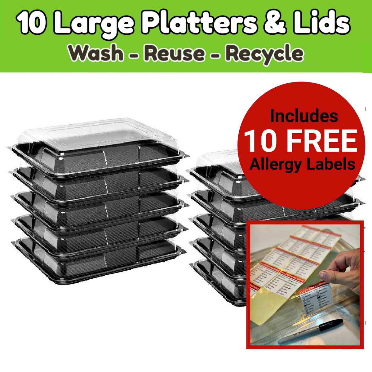 Caterline 10 Large Serving Platters & Lids Plus Allergy Labels