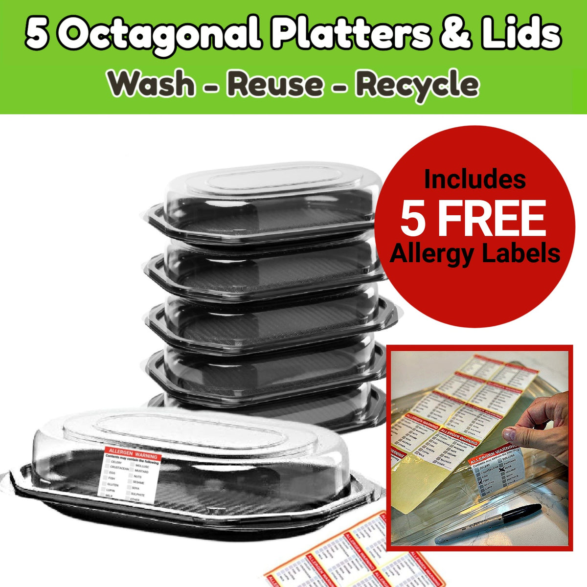 5 Octagonal Platters & Lids (340mm x 250mm x 70mm) PLUS 5 Allergy Labels