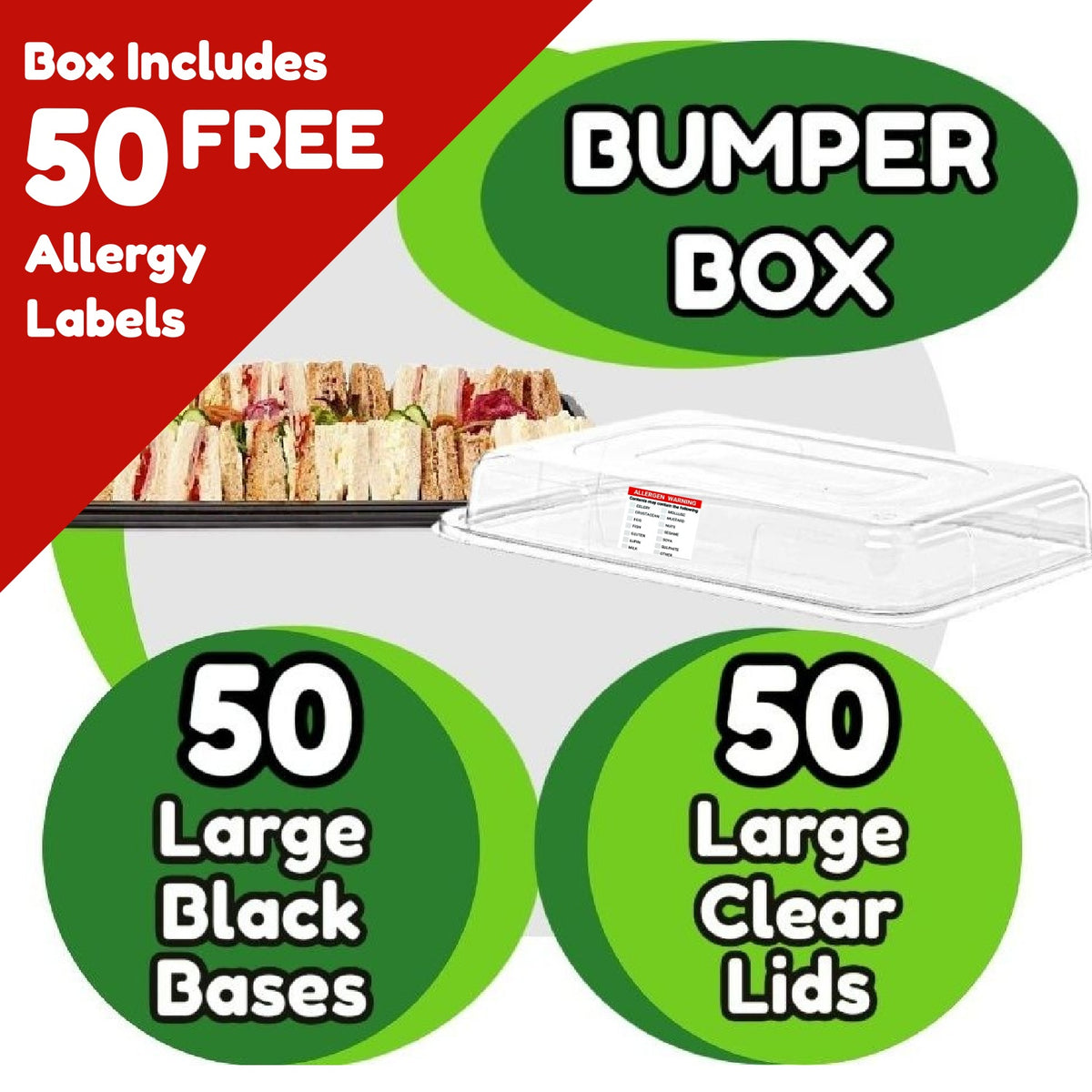 50 Large Platter Bases & 50 Large Platter Lids & 50 Allergy Labels - BUMPER BOX