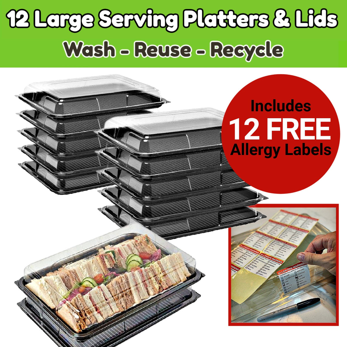 12 Large Serving Platters + Lids PLUS 12 Adhesive Allergy Labels