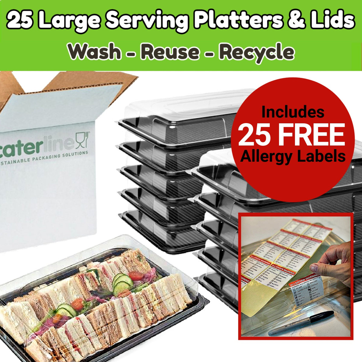 25 Large Sandwich Platters + 25 Clear Lids PLUS 25 Allergy Labels