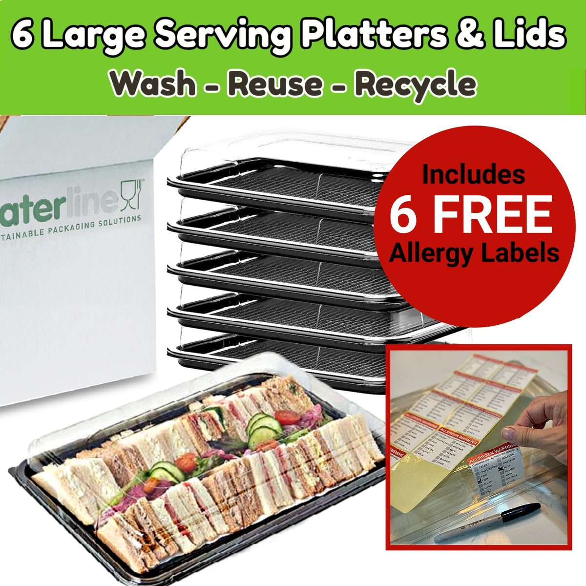 6 Large Serving Platters + 6 Clear Deep Dome Lids + 6 Allergy Labels