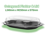 5 Octagonal Party Platter Trays With Lids & Allergy Labels shown with dimensions L340mm x W250mm x D70mm