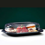 5 Octagonal Party Platter Trays With Lids & Allergy Labels filled with desserts and fruits in clear plastic.