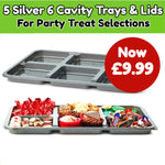 5 Large, Silver 6 Cavity Platters & Clear Lids- 450mm x 310mm